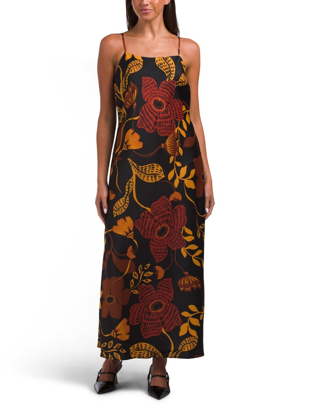 Rachel Zoe Floral Slip Maxi Dress in Black with Red & Mustard Print NWT